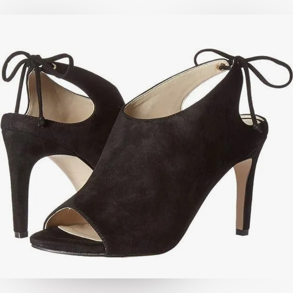 Cole Haan Emmet black suede peep toe, high heel stiletto shoes booties Sz 7 M